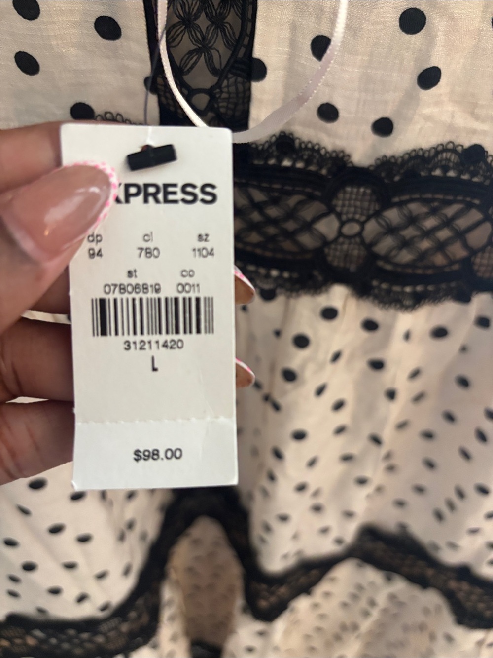 Express Ivory Mini Dress with Black Polka Dots & Lace Trim - Picture 3 of 3